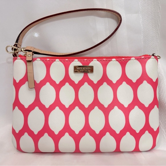 kate spade Handbags - kate spade leather wristlet Grant Street bright pink with white lemons VGUC